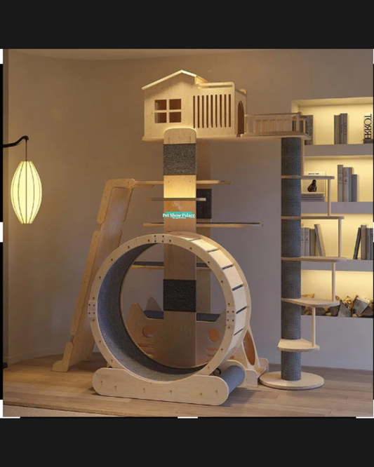 Fluffy Cat Tree House | Multi-Level Wooden Play & Run Wheel